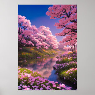Poster Encantando as árvores Sakura pelo rio Silêncio