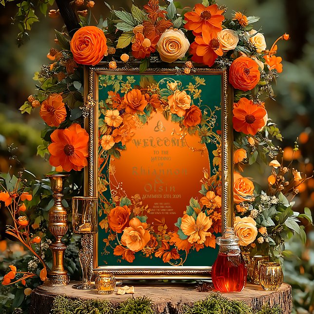 Póster Encantando Casamento de Druida de Outono Laranja e (Druid Hills Autumn Wedding Floral Glossy Welcome Poster )