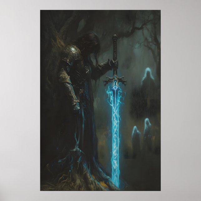 Poster Enchanted Dark Medieval Knight with Glowing Sword (Frente)