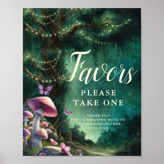 Poster Enchanted Forest Mushrooms Favors Sign Baby Shower (Frente)