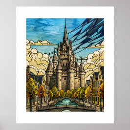 Poster Enchanted Medieval Castle Stained Glass Canal Illu