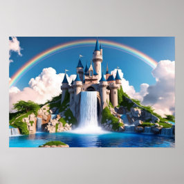 Poster Enchanting Rainbow Castle & Cascading Waterfalls