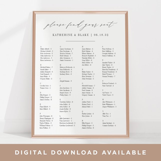 Poster Encontre seu assento | Gráfico de assentos alfabét (Criador carregado)