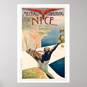 Poster Encontro de Aviação da França Nice 1910 Cartaz de