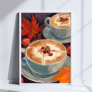 Poster Encontro de Latte de Outono Aquarela de Folhas d