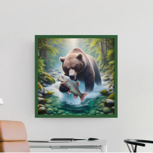 Poster Encontro Majestoso: Urso e Peixe em Fluxo