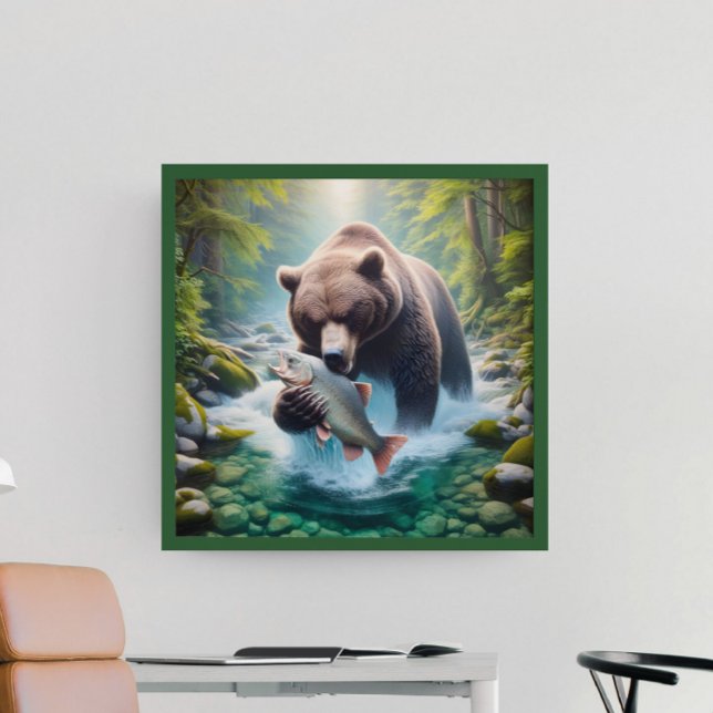 Poster Encontro Majestoso: Urso e Peixe em Fluxo (Criador carregado)