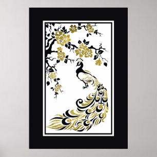 Poster Enegreça, pavão da folha de ouro do falso e flor