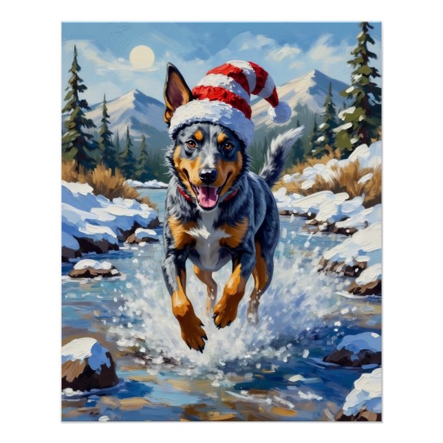 Póster Energetic Blue Heeler Dog Winter Creek Christmas (Frente)