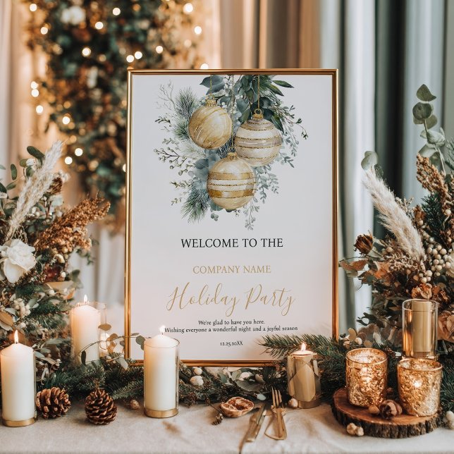 Poster Enfeite de Natal Verde com Dourado Corporativo Bem (Corporate Gold Baubles Greenery Christmas Welcome Poster)