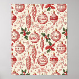 Poster Enfeites de Natal em Toile Vermelho Chinoiserie