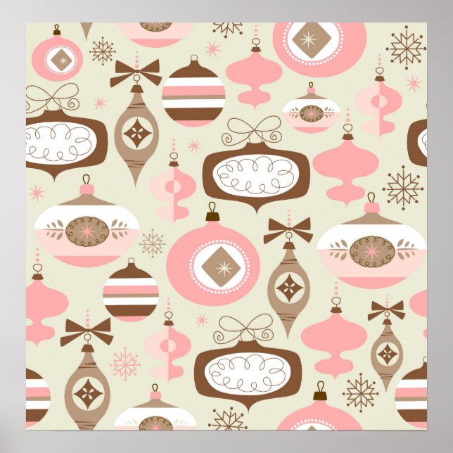 Póster Enfeites de natal Rosa Vintage e Cinzas (Frente)