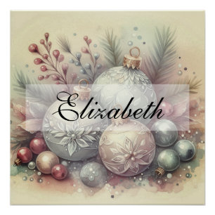 Póster Enfeites de natal Vintage Pastel Watercolor