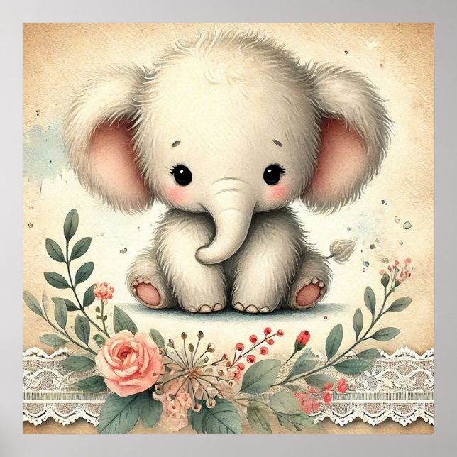 Poster Enfermaria de Elefante Bebê Floral (Frente)