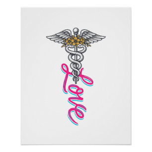 Póster Enfermeira Amor Caduceu Floral Médico Desenho Vert