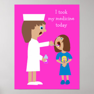 Póster Enfermeira de Cartoon Bonita Dando Medicina Infant