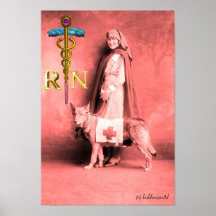 Póster ENFERMEIRA E CÃO DE RESGATE /Emblema RN Caduceu Do