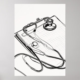 Poster Enfermeira Estetoscópio Prancheta Profissional Méd