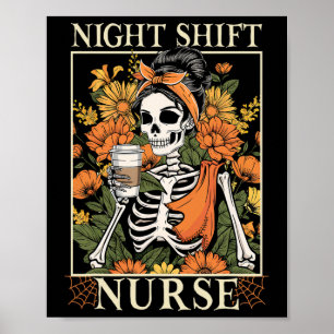 Poster Enfermeira Floral Noturna Esqueleto Halloween Rn E