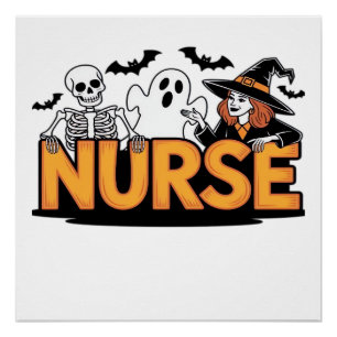 Póster Enfermeira - Halloween - com fantasma, bruxa e esq