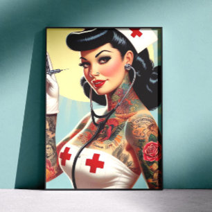Poster Enfermeira Pin-up Tatuada Vintage