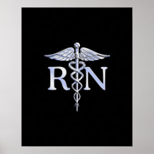 Póster Enfermeira Registrada RN Silver Caduceus a Preto