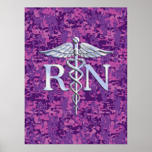 Póster Enfermeira Registrada RN Silver Caduceus em Pink C