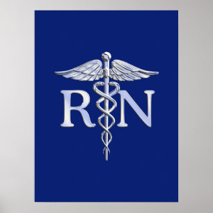 Póster Enfermeira registrada RN Silver Caduceus Marinho B