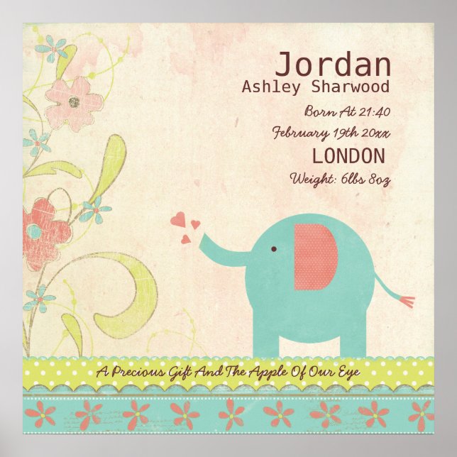 Póster Enfermeiro de Elefante, Cute Unisex Data de Nascim (Frente)