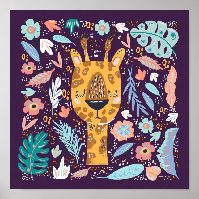 Poster Enfermeiro Tropical de Sleepy Giraffe em Roxo (Frente)