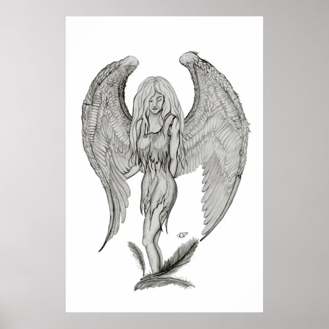 Póster Engel Bleistiftzeichnung Design preto e branco (Frente)