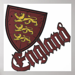 Póster England Three Lions Wooden Shield