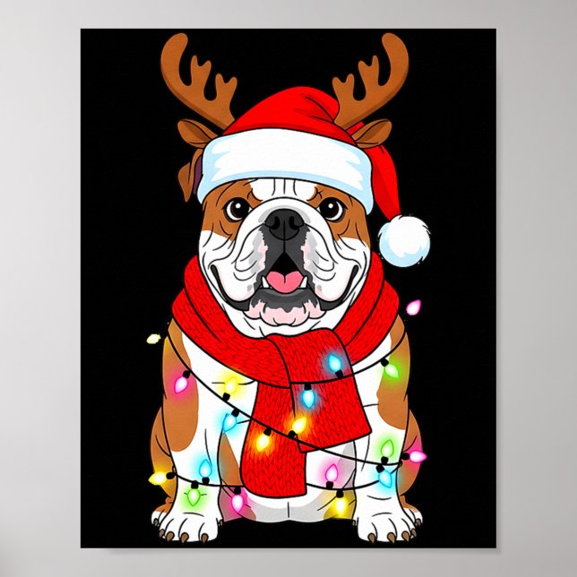 Poster English Bulldog Dog Tree Christmas Lights Xmas Paj (Frente)