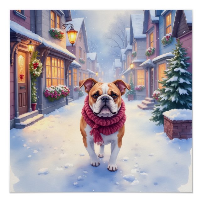 Póster English Bulldog Snowy Christmas Village Holiday (Frente)