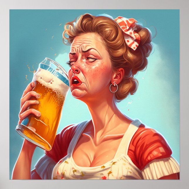 Poster Engraçada Senhora Bebendo a Cerveja (Frente)