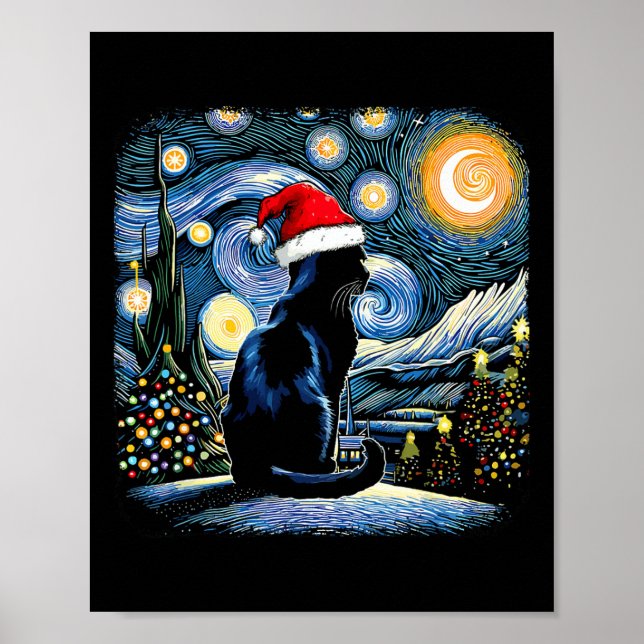 Poster Engraçado Black Cat Santa Hat Feliz de Natal Ch (Frente)