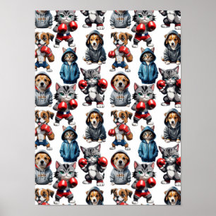 Poster Engraçado Boxing Cat Dog Pattern Design