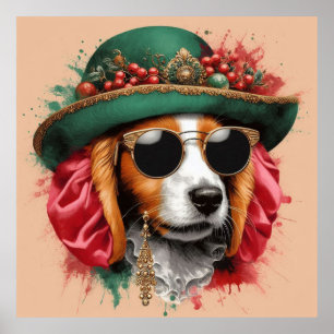 Poster Engraçado Cachorro de Imagem AI Aquarela Vestindo 