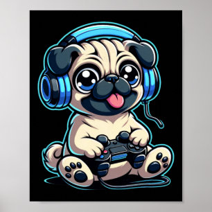 Poster Engraçado Cachorro Jogador Jogando Pug Pug Vídeo J