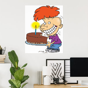 Poster Engraçado Cartoon Boy com Bolo de Aniversário de C