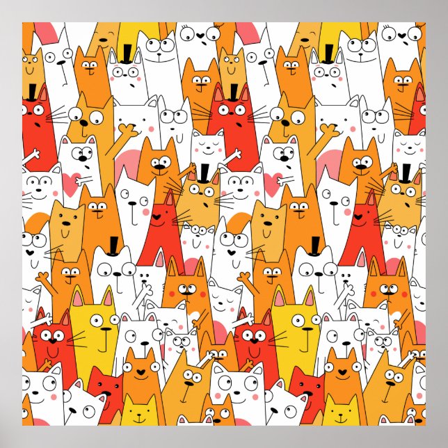 Poster Engraçado Cartoon Cats Group Doodle (Frente)