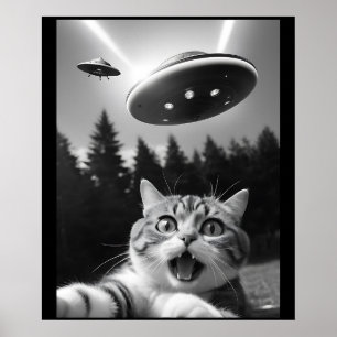 Poster Engraçado Cat Selfie com Alienígena de OVNI