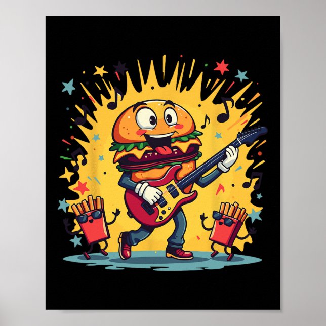 Poster Engraçado Cheeseburger Hamburger Toca Violão Franc (Frente)