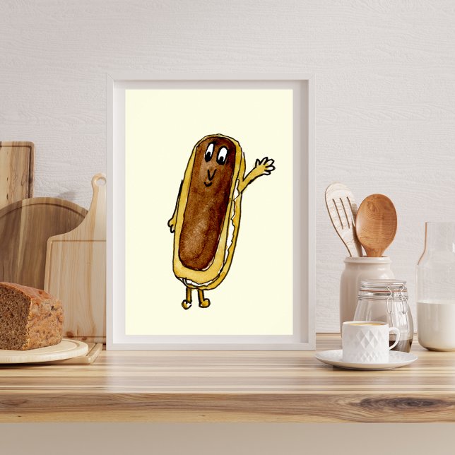 Poster Engraçado Chocolate Eclair Quirky Cake Cartografia (Cute chocolate eclair cartoon art watercolor illustration quirky poster for cake and baking lovers)