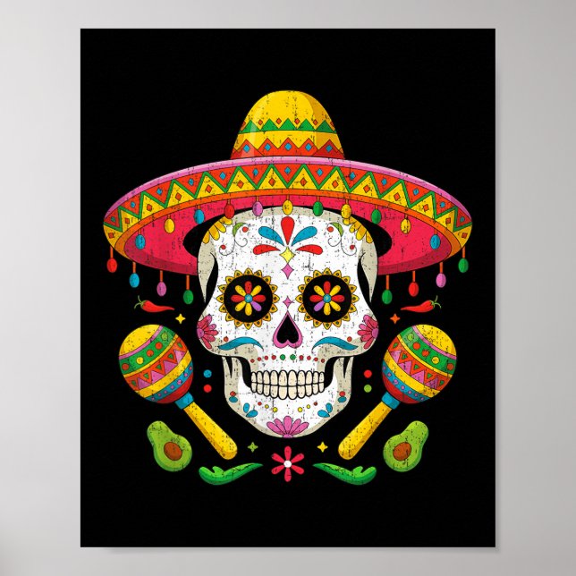 Poster Engraçado Cinco De Mayo Engraçado Crânio Com Chapé (Frente)