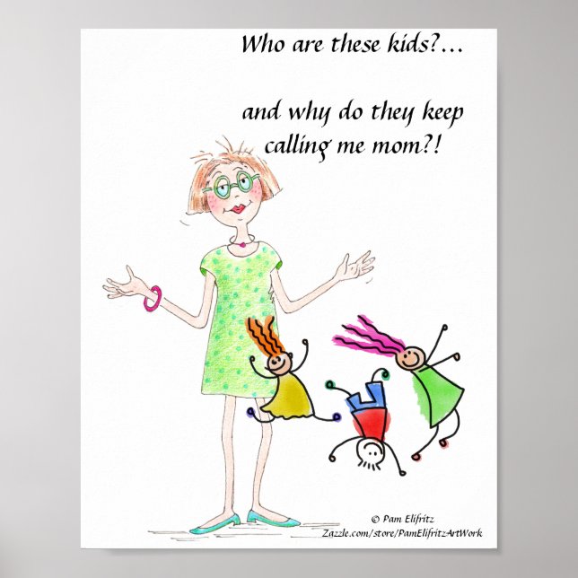 Poster Engraçado desenho da mãe perplexo por seus filhos (Frente)