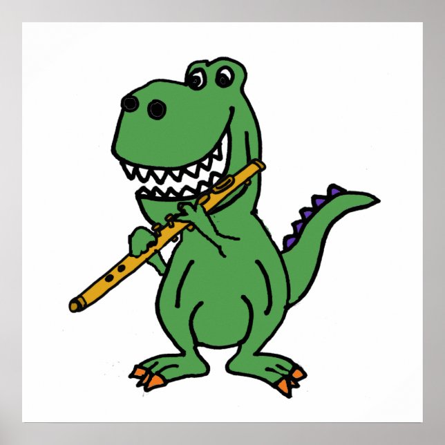 Poster Engraçado Dinossauro Verde Tocando Flute (Frente)