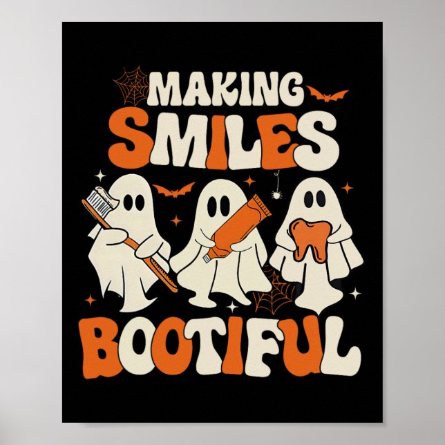 Poster Engraçado Fantasma Dentista Fazer Halloween Sorri  (Frente)