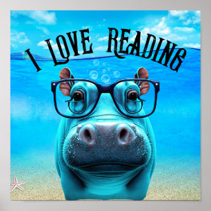 Poster Engraçado Hippo com Óculos Adoro Ler Biblioteca