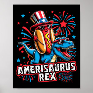 Poster Engraçado Hotdog T Rex Dinosaur 4 De Julho Amerisa